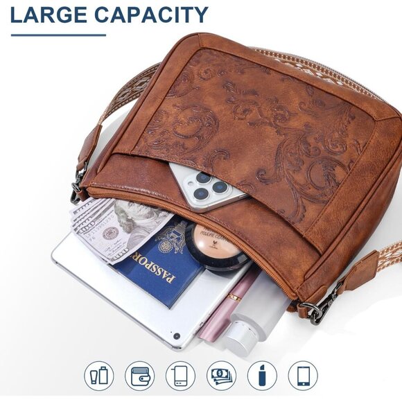 Vegan Leather Crossbody Bag with Embossed Flower Design Large Capacity Stylish - Picture 3 of 6